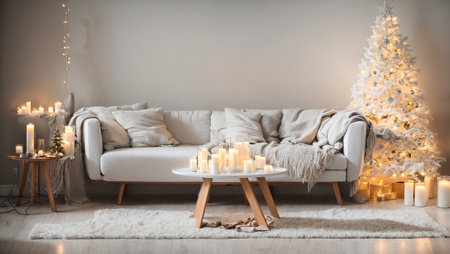 Candles, pine cones, garland, Christmas tree on the table in the living roomの素材