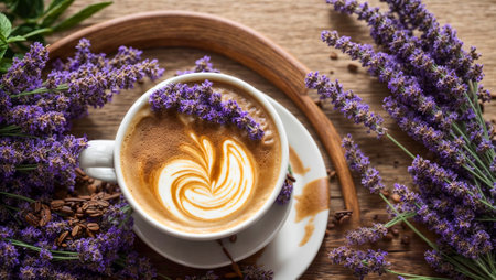 Latte coffee in a beautiful cup, lavender flowerの素材