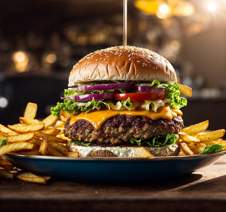 appetizing cheeseburger French fries in a restaurantの素材