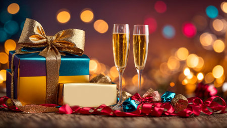 Beautiful glasses with champagne, bokeh, festive background gift box with bowの素材