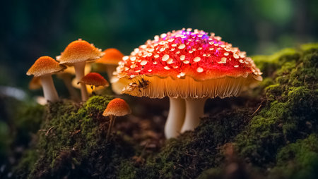 Beautiful fly agaric mushrooms close-upの素材