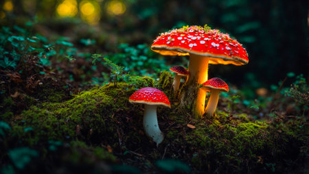 Beautiful fly agaric mushrooms close-upの素材