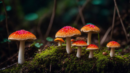 Beautiful fly agaric mushrooms close-upの素材