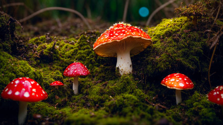 Beautiful fly agaric mushrooms close-upの素材