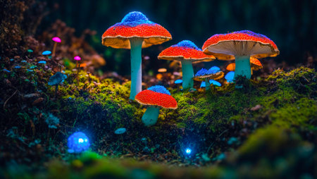 Beautiful fly agaric mushrooms unreal closeupの素材