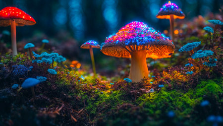 Beautiful fly agaric mushrooms unreal closeupの素材