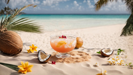 Cocktail, coconut, flowers on the background of the sea, tropical leavesの素材