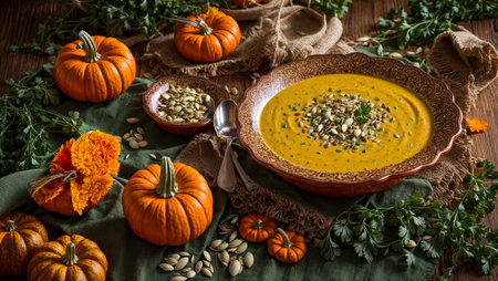 Pumpkin cream soup on an old background, pumpkin seeds, parsley sprigの素材