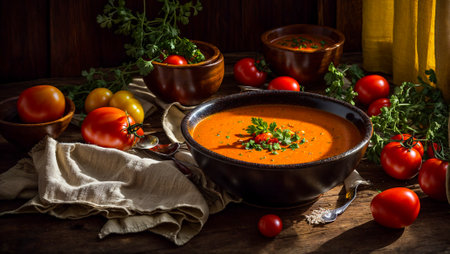 Tomato cream soup on old background