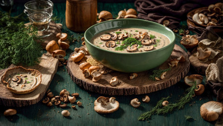 Cream of mushroom soup on old backgroundの素材