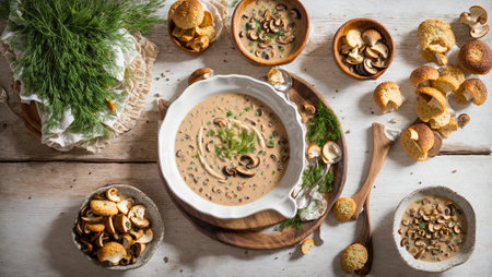 Cream of mushroom soup on old backgroundの素材