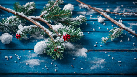 Fir branch on old wooden background, snowの素材