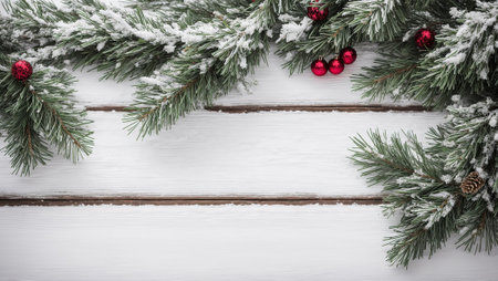 Fir branch on an old wooden background, Christmas tree toys, snowの素材