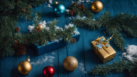 Fir branch on an old wooden background, gift box, Christmas toys, snowの素材