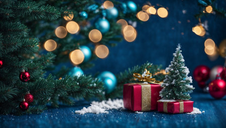 Fir branch on an old wooden background, gift box, Christmas toys, snowの素材