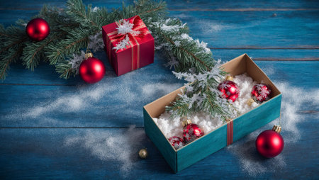 Fir branch on an old wooden background, gift box, Christmas toys, snowの素材