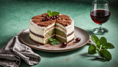 Delicious tiramisu cake with mintの素材