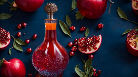 Juice, fresh pomegranates on old backgroundの素材