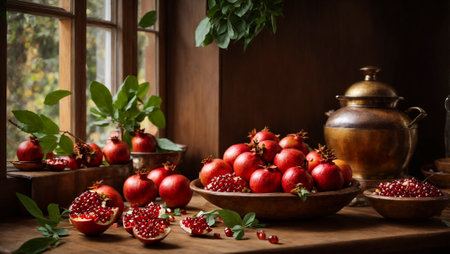 fresh pomegranates on old backgroundの素材