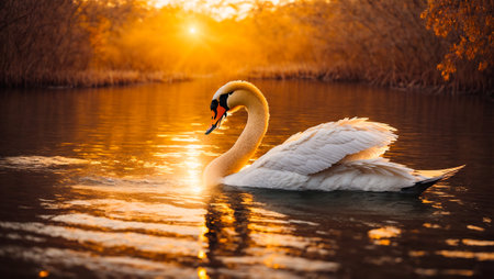 Beautiful swan swims in the riverの素材