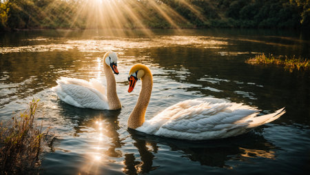 Beautiful swan swims in the riverの素材