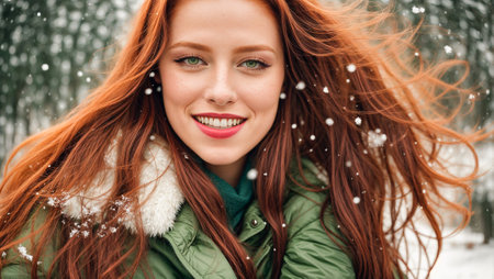 Portrait of a beautiful girl with long hair on a winter backgroundの素材