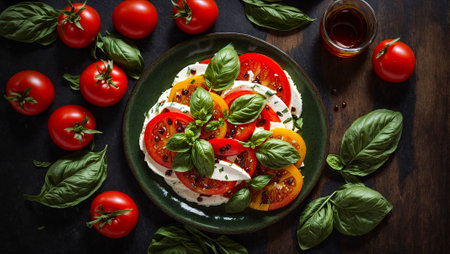 Appetizing caprese salad on a dark backgroundの素材