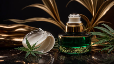 cosmetic cream with marijuana leaves on a dark marble backgroundの素材