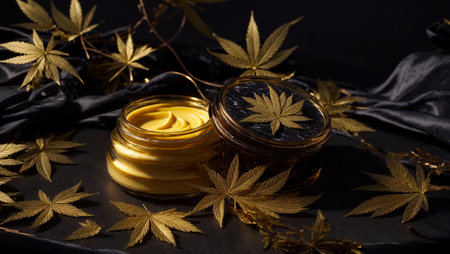 cosmetic cream with golden marijuana leaves on a dark marble backgroundの素材