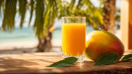 A glass of juice with mango on a background of sea and palm treesの素材