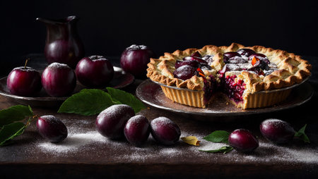 Appetizing plum pie on old backgroundの素材