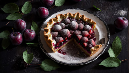 Appetizing plum pie on old backgroundの素材