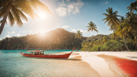 Boat on the seashore, palm treesの素材