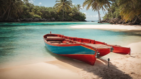 Boat on the seashore, palm treesの素材