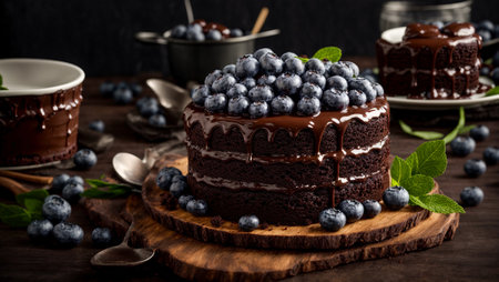 Chocolate cake with blueberries in the kitchenの素材