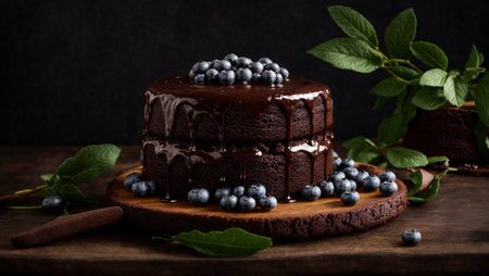 Chocolate cake with blueberries in the kitchenの素材