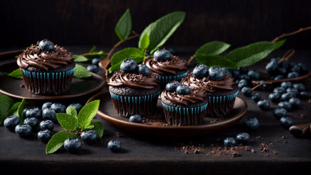 Chocolate cupcakes with blueberries in the kitchenの素材