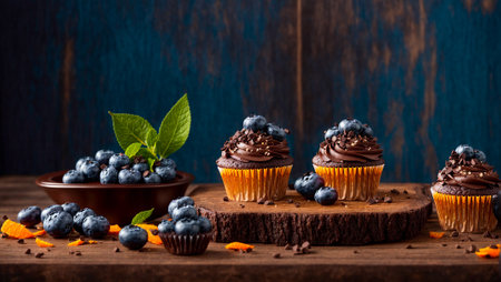 Chocolate cupcakes with blueberries in the kitchenの素材