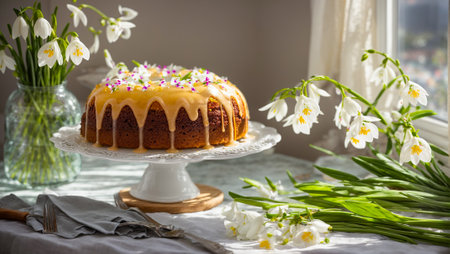 Easter cake, flowers on the background of the kitchenの素材