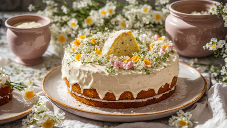 Easter cake, flowers on the background of the kitchenの素材