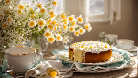 Easter cake, flowers on the background of the kitchenの素材