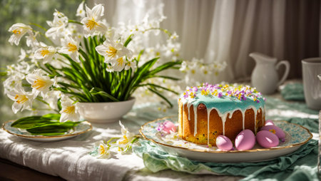Easter cake, flowers on the background of the kitchenの素材