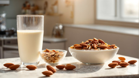 glass of milk, almonds on kitchen backgroundの素材