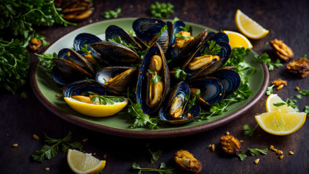 Cooked mussels, lemon, parsley in a plateの素材