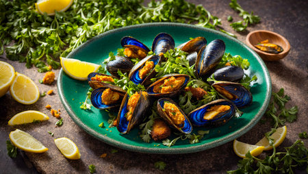 Cooked mussels, lemon, parsley in a plateの素材