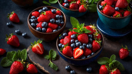 Fresh strawberries, blueberries, mint leaves on a dark backgroundの素材