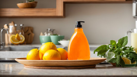 Dishwashing liquid in a bottle, lemon, on a kitchen backgroundの素材