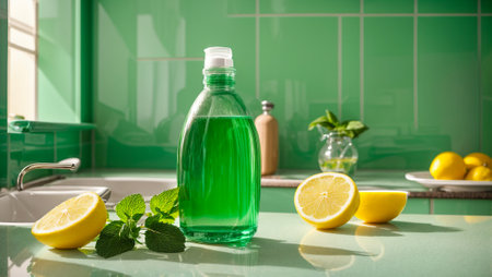 Dishwashing liquid in a bottle, lemon, on a kitchen backgroundの素材