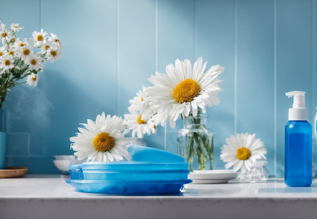 Dishwashing liquid in a bottle, flower, on a kitchen backgroundの素材