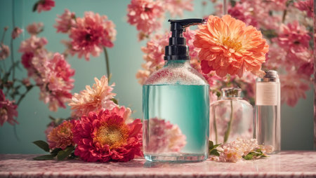 Liquid soap in a bottle, flowers, bathroomの素材